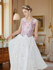 DEVCHATA Elegant Sleeveless V-Neck Jacquard Dress, Contrast Lace Flared Maxi Dress, Suitable For Graduation Party, Date, Evening Event (Floral Pattern Random) - Pink - View 6