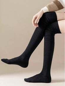 1pair Women's Over-Knee Winter Warm Boot Socks, Long And Thigh High, Cozy - 黑色 - 查看 5
