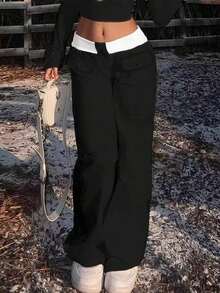 Quần ống đứng kẻ sọc phong cách Hàn Quốc, thiết kế độc đáo, thắt eo, kiểu dáng thường ngày. - màu đen - Xem 5