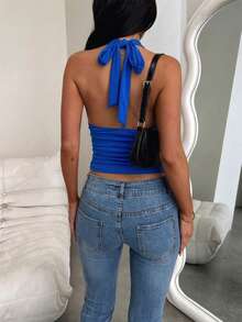 Women's Sleeveless Solid Color Sexy V-Neck Camisole, Suitable For Vacation, Travel, Festivals, Graduation And Other Occasions Summer - Blue - View 4