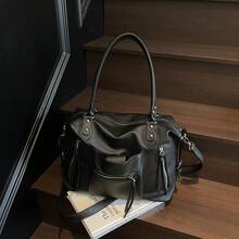 1 Túi xách cỡ lớn màu nâu đậm, chất liệu vải bố, thiết kế nhiều ngăn khóa kéo, có thể chuyển đổi thành quai xách tay hoặc đeo chéo, kiểu dáng moto cổ điển, túi đa năng dùng đi làm và đi học cho nữ. - màu đen - Xem 7