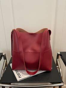 Bolso de hombro de PU de unicolor retro y versátil, bolso de cubo minimalista casual con textura - Rojo - Ver 8