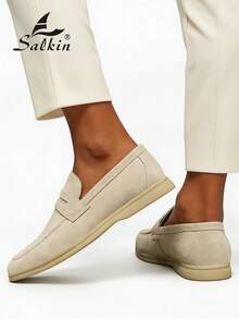 Salkin 奢华男士一脚蹬便士乐福鞋，仿麂皮休闲鞋，柔软舒适，透气防滑，耐磨鞋底，时尚优雅，绅士风度，适合西装、毕业典礼、商务、派对、婚礼、春夏秋冬。尺码偏大，建议选择小一码。 - 白色 - 查看 4