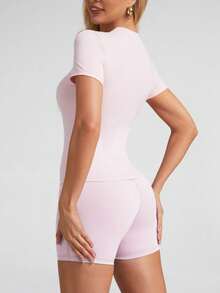 6pecil Áo thun nữ màu trơn, thích hợp cho yoga, tập gym, trang phục yoga mùa hè cho nữ, trang phục thể thao ngoài trời, dáng ôm và thoải mái, phù hợp với nhiều dáng người. - Hồng - Xem 7