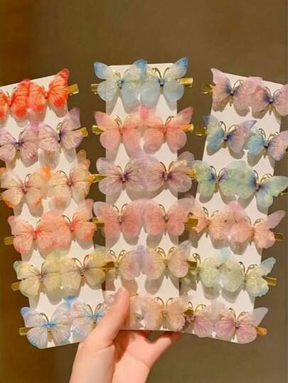 [48个/36个/30个/24个/18个/12个] 彩色蝴蝶发夹，刘海夹，可爱头饰，梦幻蝴蝶设计，营造森林仙子氛围，颜色随机（不含纸盒），夏季，假日，旅行