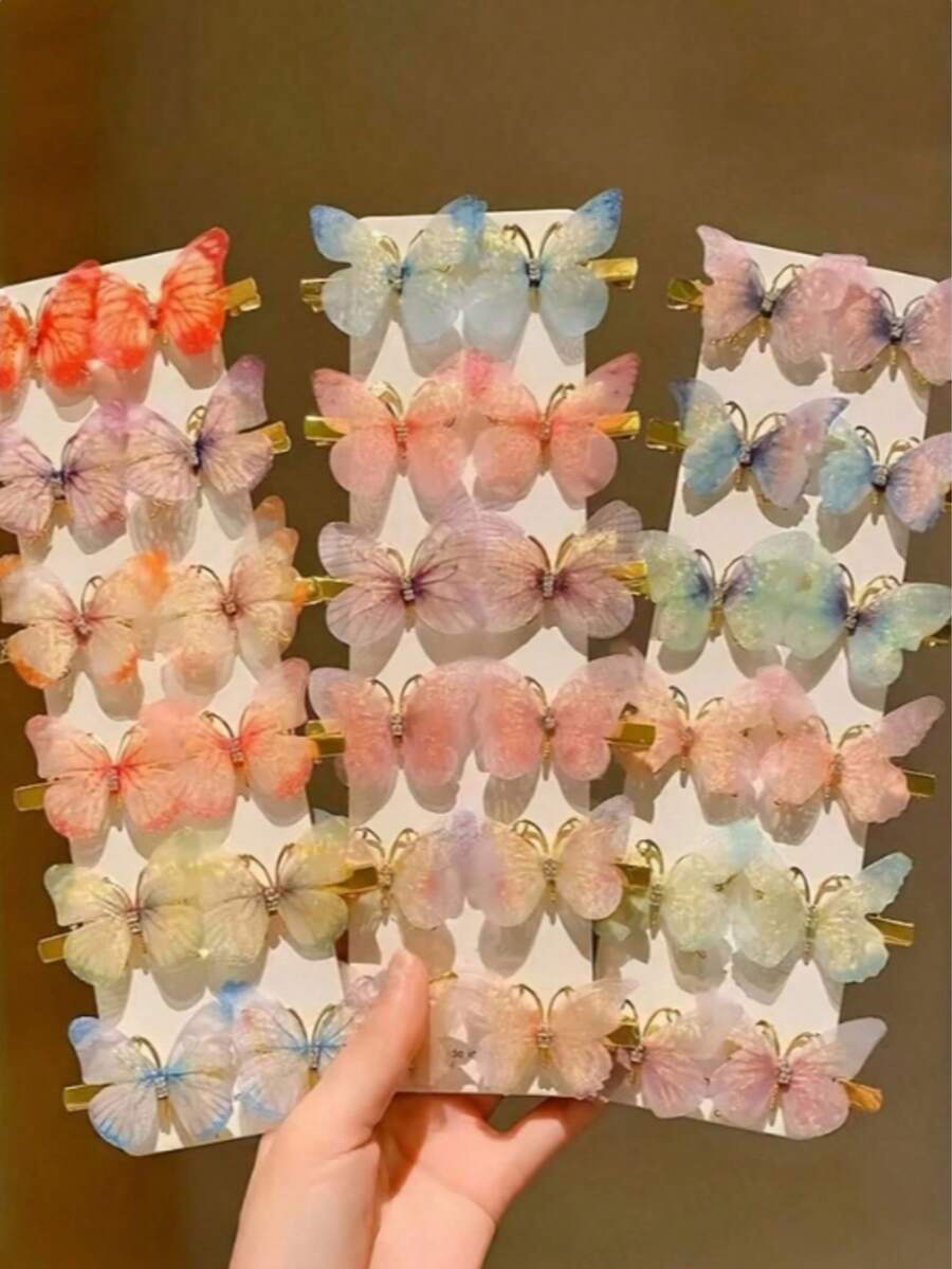 [48个/36个/30个/24个/18个/12个] 彩色蝴蝶发夹，刘海夹，可爱头饰，梦幻蝴蝶设计，营造森林仙子氛围，颜色随机（不含纸板），适合夏季、假日、旅行、节日、派对等场合 - 多色 - 查看 1