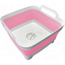 9L (2.4Gal) Collapsible Dish Basin With Drain Plug And Carry Handles, Kitchen Storage Tray Dish Wash Basin, Portable Foldable Dish Tub For Camping And RV, Gray - Baby Pink - View 4