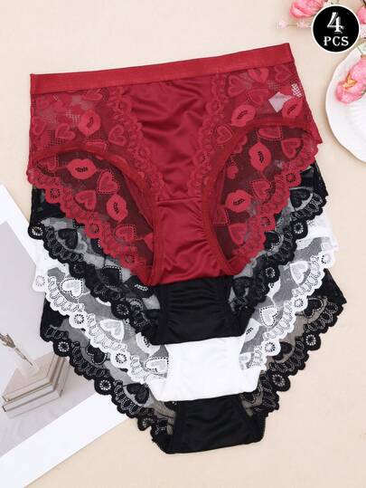 4pcs/Pack New Lace Sexy Hipster Panties, Floral Print Comfortable Underwear, Versatile Lace Briefs For Women
