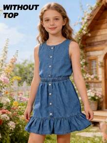 Tween Girls' Casual Vacation Street Fashion Sweet Loose Waist Vintage Washed Blue Denim A-Line Skirt, New Arrival - Medium Wash - View 3