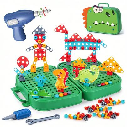 UINLE Baby Children's DIY Assembly Screw Construction Toy Set, Dinosaur/Space Themed, Comes With An Electric Drill And A Double-Sided Storage Box, Allowing Free Assembly Of Robots, Rockets, And Other Shapes, Exercises Hands-On Skills And Imagination, An Educational And Fun STEM Toy, Very Suitable For Birthdays And Preschool Education.