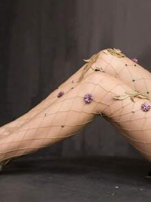 Sexy Floral Bee Fishnet Stockings, Handmade Breathable Mesh Pantyhose, Stylish Tights - Quả mơ - Xem 4