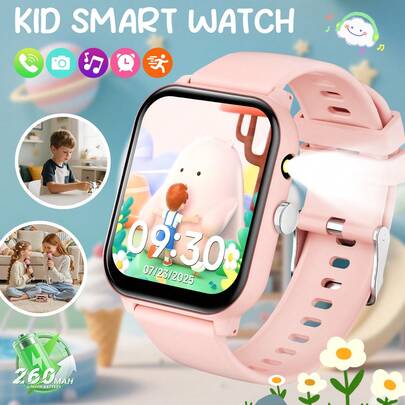 1.83英寸全触屏儿童智能手表，具备蓝牙通话和音乐播放、健身追踪（带计步器）、多种运动模式、睡眠监测、相机控制、闹钟和内置手电筒功能，是送给男孩女孩的完美礼物。