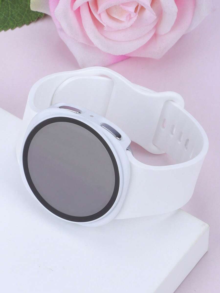 手錶錶帶 + 手錶錶殼套組,相容於 Galaxy Watch 8 40mm 與 44mm。柔軟舒適休閒運動矽膠錶帶,防震防刮硬 PC 錶殼與鋼化玻璃螢幕保護膜二合一錶殼。易於佩戴,觸控靈敏。適合男女款智慧手錶錶帶與錶殼。 - 白色 - 查看 1