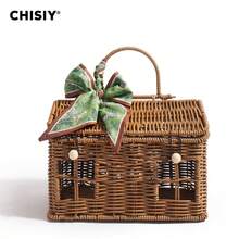 Original Handmade New Style Forest Style Girl Atmosphere Rattan Woven Box Bag Small House Shape Green Silk Scarf Bow Can DIY Handbag New Year's Gift - Brown - View 7