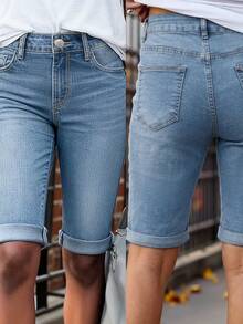 European And American Fashion Tight Bodycon Niche Design Minimalist Washed Denim CuffedBermuda Shorts For Women Casual - Light Wash - View 6