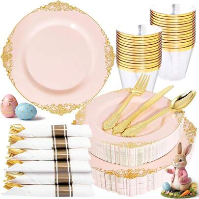 175PCS Pink Plastic Plates -  Pink Gold Party Plates & Pre Rolled Napkins With Cutlery For 25 Guests, 50Plates, 75Sierware, 25Cups, 25Napkin For Wedding & Party & Valentines Variant 4