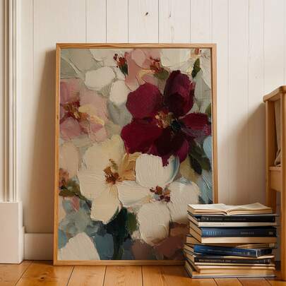 1幅复古海报，酒红色和蓝色花卉艺术印刷品，氛围抽象花园帆布画，卧室走廊装饰，客厅美学设计，客厅装饰