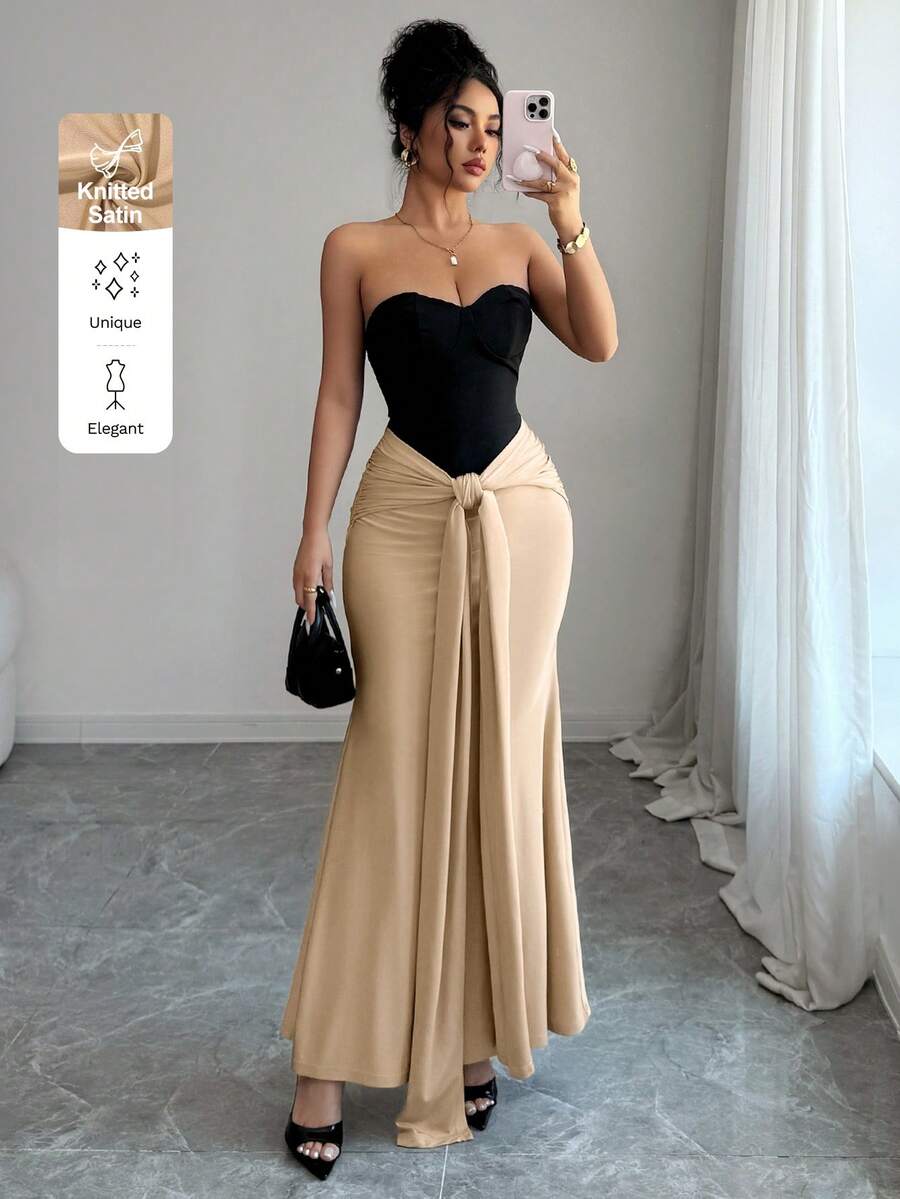 abyoxi Đầm dài đuôi cá ôm sát, không dây vai, cạp cao, thắt eo, dành cho nữ, gợi cảm và thanh lịch, trẻ trung, quyến rũ, thích hợp cho hẹn hò, dự tiệc, đám cưới, lễ hội, dạ hội, tiệc tối trang trọng, đầm dạ tiệc, đầm maxi đuôi cá ôm sát cơ thể mùa xuân hè. - Màu Khaki - Xem 1