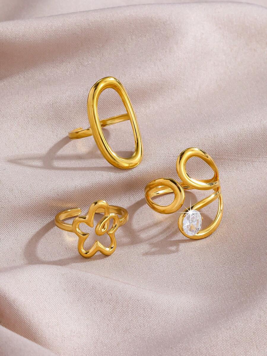 3pcs Set Stainless Steel 18K Gold Plated Minimalist Geometric Line Open Rings, Inlaid Cubic Zirconia, Suitable For Women's Daily Wear - Gold - View 1