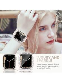 1pc Unisex Fashion Anti-Fall Sparkling 2-In-1 Ultra-Thin Tempered Glass Watch Case, Rhinestone Protective Frame + Screen Protector, Suitable For Apple Watch 40/41/42/44/45/46/49mm, Applicable To Ultra/SE/11/10/9/8/7/6/5/4 Series - Rose Pink - View 4