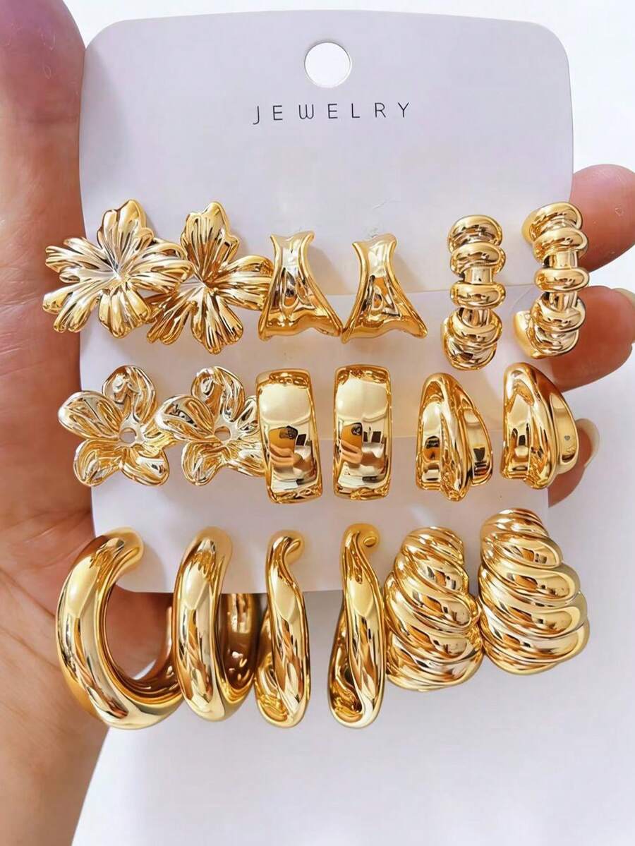 3-9对装奢华金色花朵系列耳环套装，小众几何耳环，通勤百搭高端耳环 - 金色 - 查看 1