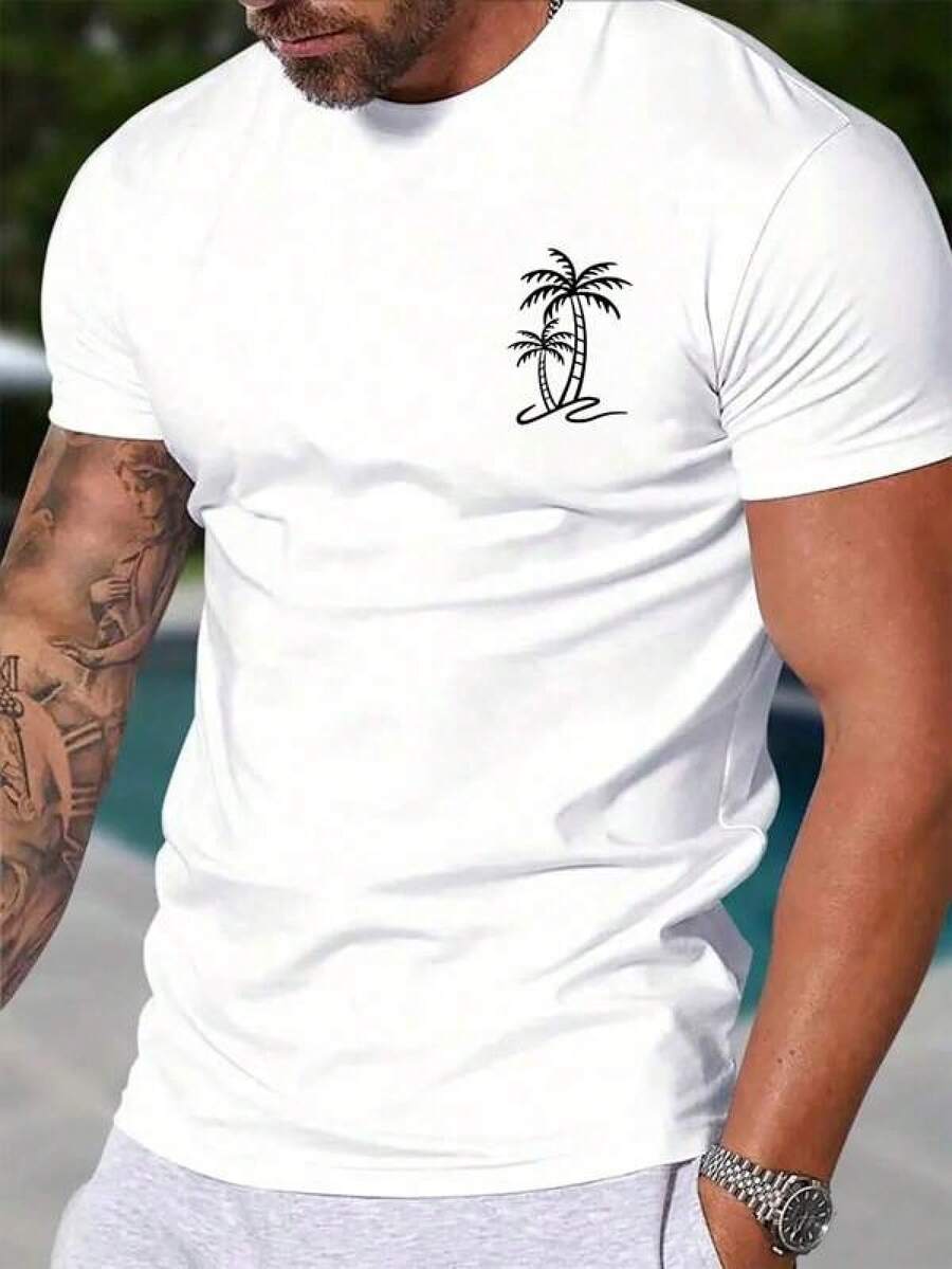T-shirT- Casual a maniche corte da uomo Manfinity RSRT- Con motivo albero di cocco in cotone - Edizione Primavera: morbido cotone, girocollo, vestibilità comoda, stile hip-hop street. - Bianco - Visualizzare 1