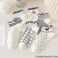 4双装女士荷叶边短袜，图案包括：樱桃、蝴蝶结、条纹、格子、爱心，优雅风格，适合春夏穿着。 - 彩色 - 查看 11