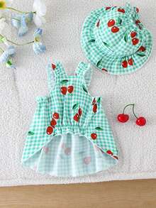 Kitten & Puppy, Classic Blue Plaid With Cherry Print Hooded Dress Set - Cadet Blue - View 9