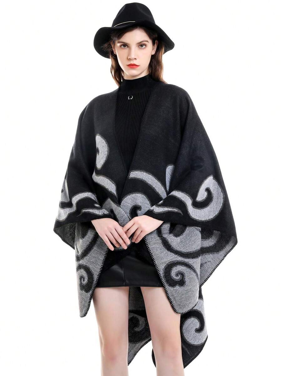 Áo choàng nữ cổ điển bằng chất liệu giả cashmere, xẻ tà, ấm áp, kiểu dáng sang trọng. Áo choàng vai họa tiết jacquard hình đám mây may mắn. - màu đen - Xem 1