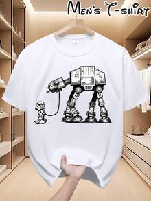 Summer Tops For Women, AT-AT Walking Machine, Fun Printed T-Shirt For Men, Crew Neck And Short Sleeves, Breathable And Casual For Summer, Regular Fit Top, Suitable For Holidays, Parties And Outdoor Activities, Street Fashion And Cool, Birthday Gift, Holiday Gift, Cotton T-Shirt - 白色 - 查看 7