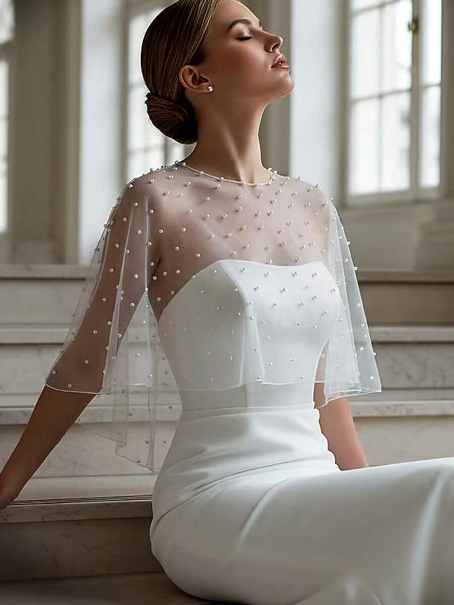 1 chiếc khăn choàng cô dâu, khăn choàng voan trắng đính ngọc trai, khăn choàng cô dâu đính nơ đá, khăn choàng cô dâu viền ren đính cườm, phù hợp với váy cưới, phụ kiện chụp ảnh lễ cưới dân sự. - Nhiều màu - Xem 1