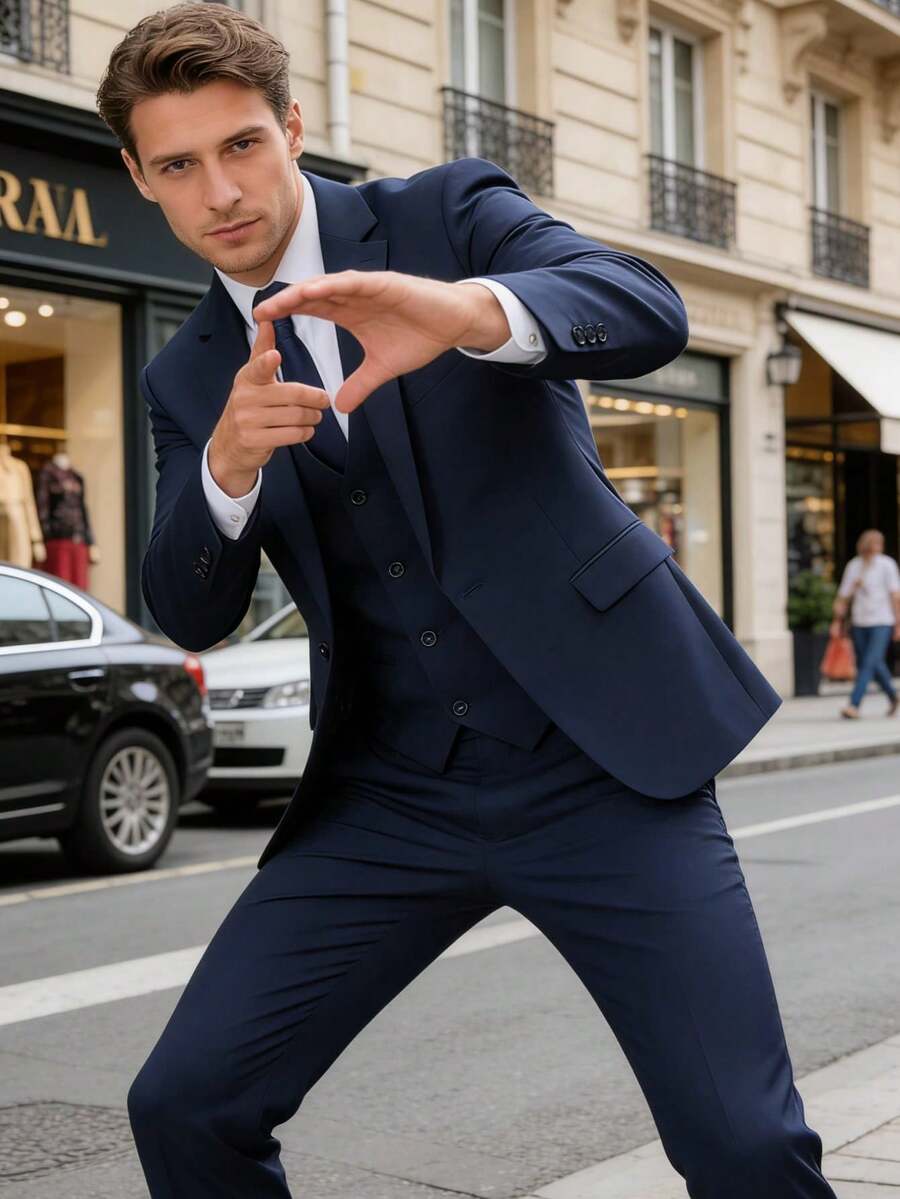 Men's 3 Piece Suit Slim Fit Solid One Button Party Wedding Tuxedo Suits Blazer Jacket Vest Pants Set - 藏蓝色 - 查看 1