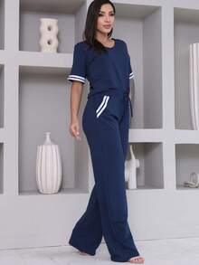 Women's Striped Set - Pants And Top In Lightweight Fleece With White Details - Comfortable Style - Navy Blue - View 1