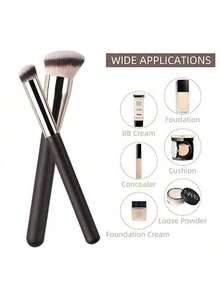 1/2支装男女通用时尚珠光手柄柔软密实刷毛遮瑕刷和粉底刷，用于遮瑕、修容、晕染粉状、液状、膏状化妆品 - 黑色 - 查看 2