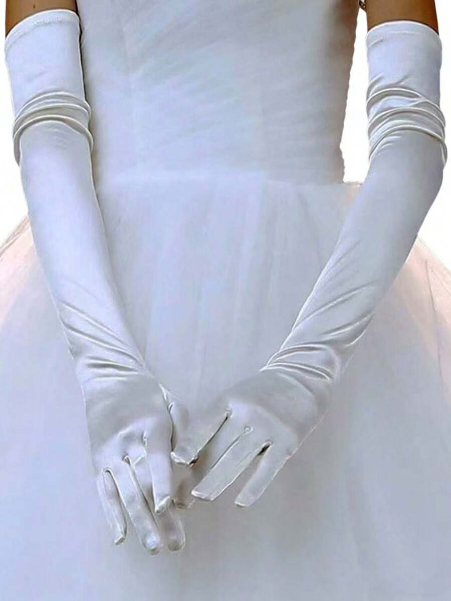1pc Women's Extra Long Satin Satin Bridal Gloves, Cosplay Halloween 1920s Vintage Masquerade Ball Gloves - Beige - View 1