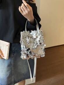 1 chiếc túi cầm tay PVC đính sequin chần bông, túi xách đính sequin, túi đeo vai, ví đựng tiền xu và điện thoại đính sequin lấp lánh thời trang, túi dự tiệc cho nữ, túi đeo vai dây xích mới, túi đeo vai thời trang đính sequin lấp lánh, thích hợp cho phụ nữ tham dự tiệc chiêu đãi và các buổi liên hoan. - Bạc - Xem 9