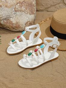 1 Pasang Sandal Musim Panas Anak-Anak Gaya Romawi dengan Hiasan Batu Permata Warna-warni, Sandal Pantai Putih Bohemian, Sandal Gaya Eksotis Retro dengan Dekorasi Paku Keling Logam Emas, Gesper yang Dapat Diatur, Cocok untuk Liburan, Perjalanan, dan Padu Padan Pakaian - Putih - View 2