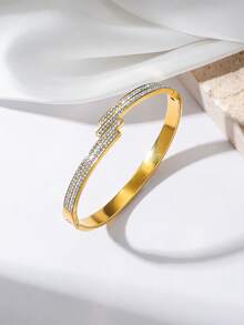 Vòng tay mạ vàng 18K bằng thép không gỉ cao cấp, đính hai hàng đá Cubic Zirconia, thích hợp cho đi làm hàng ngày, dự tiệc và các dịp trang trọng. - Vàng - Xem 6