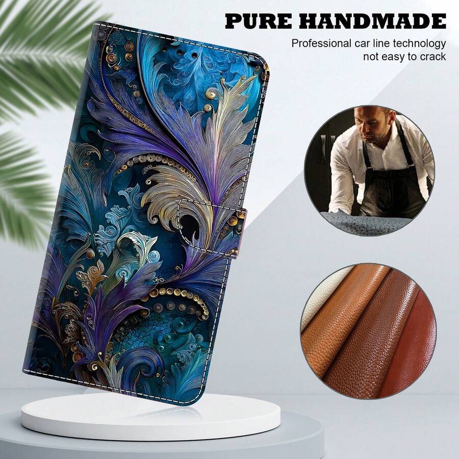 GLANDOTU Vintage Gold Feather Pattern PU Leather Wallet Phone Case With Card Slots, Lanyard, Stand, Protective Cover For Multiple Phone Brands And Models - Multicolor - View 1
