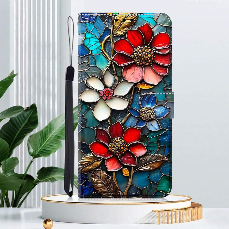 GLANDOTU Dompet Ponsel Kulit PU Motif Bunga Kaca Patri Warna-warni dengan Slot Kartu, Tali Gantungan, dan Penyangga Lipat, Cocok untuk Berbagai Merek dan Model Ponsel - MultiWarna - View 1