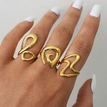 3pcs/1set 18K Gold Plated Abstract Wave Ring Set, 304 Stainless Steel Rings, Polished Shiny Finish, Minimalist Fashion Jewelry For Women, Hypoallergenic Design Suitable For Daily Wear And Party Looks, Ideal For Summer Vacation, Western Jewelry Sliding Rings, Women Beach Accessories, Thick Jewelry - Multicolor - View 9