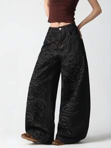 1 Stück Damen Retro Amerikanischer Street-Style bestickte Weite Jeans, locker & bequem lässig Hose für den Alltag, geeignet für alle Jahreszeiten (Gürtel/Zubehör nicht enthalten) Schwarz - Schwarz - Übersicht 8
