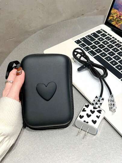 6 pièces Sac organisateur de câbles EVA + Enrouleur de câble en forme de cœur 1,5 m, Protecteur de tête de charge TPU convenant pour le câble de charge rapide 20W iPhone12/13/14