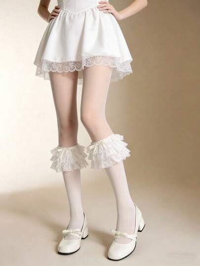 1 Pair White Crew Socks With Triple Layer Lace Ruffle Trim Sexy Cute Ankle Stockings For Wedding Season, Party & Festival Daily Wear