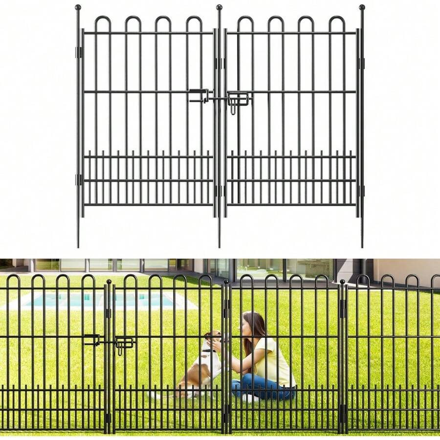 Tall Garden Fence Animal Barrier With Gate, 39.5in (H) X 11.5ft (L) 5 Panels Decorative Dog Fence Outdoor For Yard, Heavy Duty Metal Fence Border, Flower Bed, Easy Setup, Black - Black - 查看 1