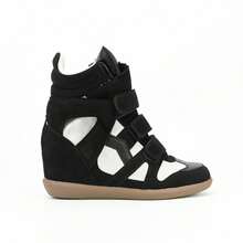 Hidden Wedge Sneakers For Women High Top Fashion Sneaker Suede High Heel Platform Tennis Triple Strappy Band Casual Vintage Dressy Comfy Campus  Retro Sneaker - 黑與白 - 查看 2