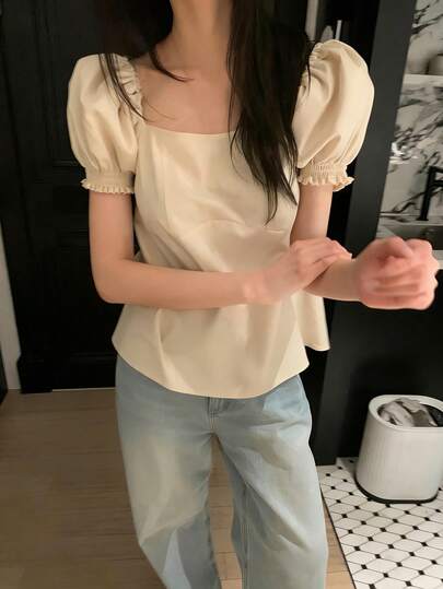 Áo kiểu Hàn Quốc thanh lịch, cổ vuông, tối giản, tay phồng, thắt nơ sau lưng, phong cách Pháp.