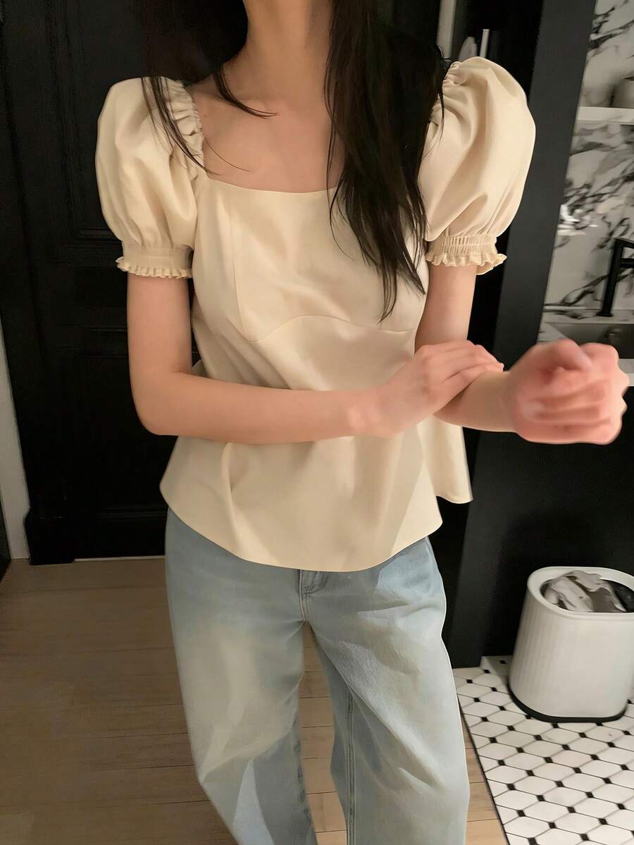 时尚韩式法式优雅方领休闲简约蝴蝶结露背泡泡袖衬衫 - 杏色 - 查看 1
