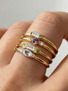 Bộ 4 chiếc nhẫn đá Cubic Zirconia thời trang, thanh lịch dành cho nữ, thích hợp cho lễ đính hôn, đeo hàng ngày, dạo phố và dự tiệc. - Vàng - Xem 4