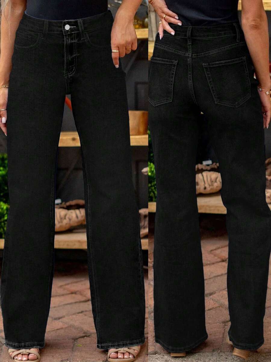 Quần jeans nữ ống đứng cạp cao mới năm 2025 - Chất liệu denim xanh đậm mài bạc, dáng ôm, khóa kéo, có thể giặt máy, kiểu dáng thường ngày đa năng cho mọi mùa, màu đen xuân. - màu đen - Xem 1